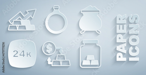 Set Gold exchange money, Molten gold being poured, bars 24k, ring and Growth arrow with icon. Vector