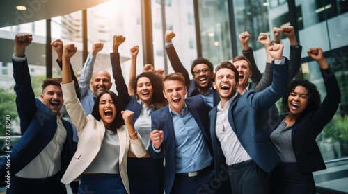 Group of business professionals with raised fists, celebrating a success or achievement in a corporate environment. photo
