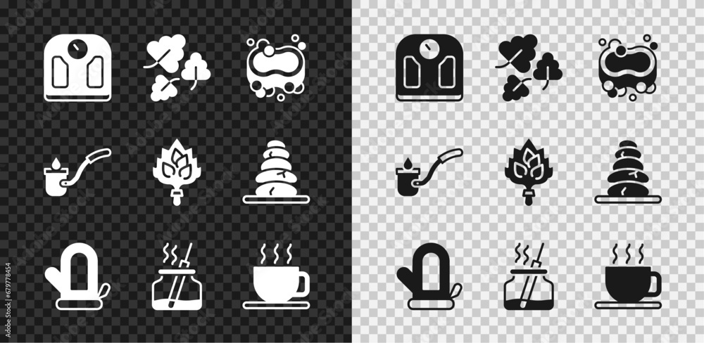 Set Bathroom scales, Oak leaf, Bar of soap, Sauna mitten, Aroma diffuser, Cup tea, ladle and broom icon. Vector Set Bathroom scales, Oak leaf, Bar of soap, Sauna mitten, Aroma diffuser, Cup tea, ladle and broom icon. Vector