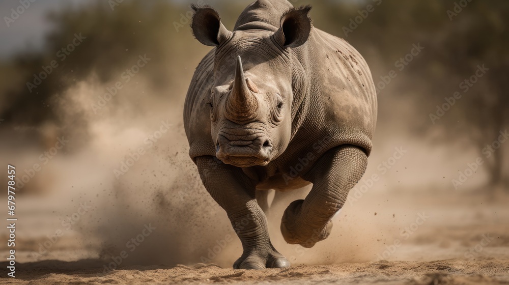 Obraz premium White rhinoceros running through dust, South Africa. Rhino. Africa Concept. Wildlife Concept. 