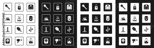 Set Bathroom scales, Aroma diffuser, Campfire, Sauna ladle, Facial cosmetic mask, Essential oil bottle, Bamboo and Burning candle icon. Vector