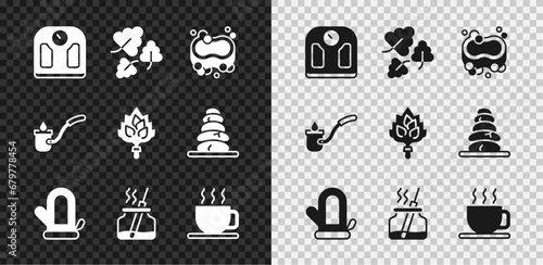 Set Bathroom scales, Oak leaf, Bar of soap, Sauna mitten, Aroma diffuser, Cup tea, ladle and broom icon. Vector
