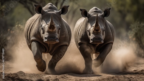 Two white rhinoceros  Ceratotherium simum  fighting. Rhino. Africa Concept. Wildlife Concept. 