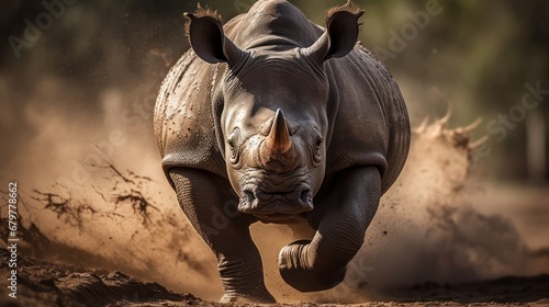 African white rhinoceros (Ceratotherium simum) running in dust. Rhino. Africa Concept. Wildlife Concept.  © John Martin