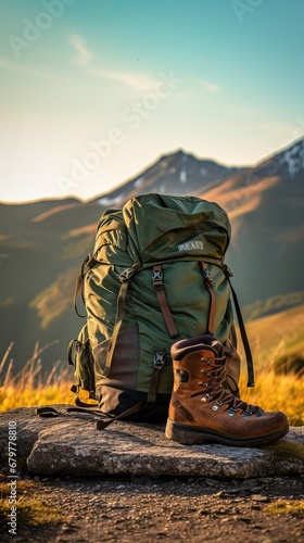 Low Shot of a Trekking Backpack Placed on a Rock at the Feet of some Mountains with a Pair of Brown and Muddy Hiking Shoes Placed at the Bottom. Trekking Kit.