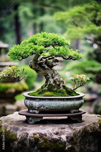 A Professional Close up of an Old Bonsai on a Stone Pedestal Placed on a Big Mossy Rock Natural Shot, insane Green Composit.