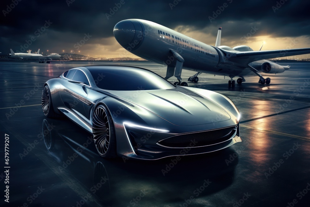 Luxurious Futuristic Car Zooming on a Runway with a Majestic Airplane Generative AI Luxurious Futuristic Car Zooming on a Runway with a Majestic Airplane Generative AI