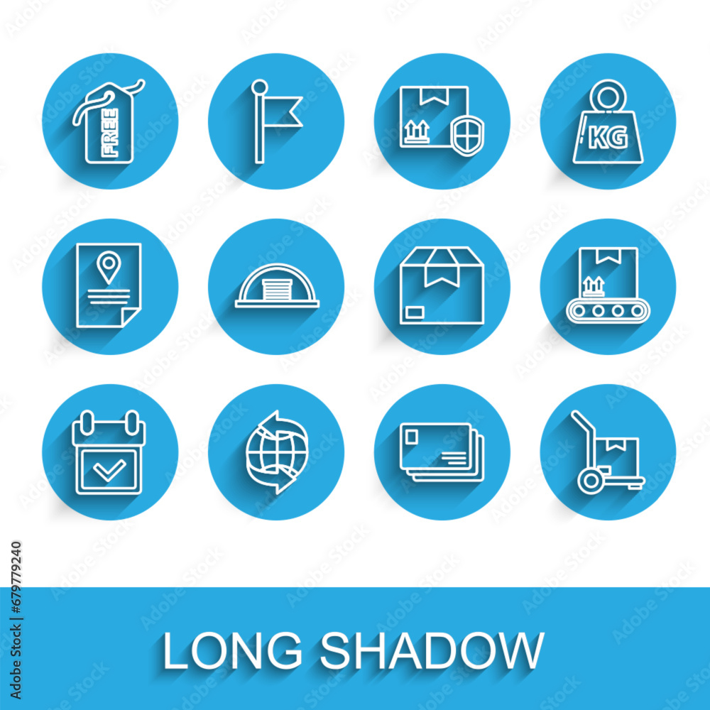 Set line Calendar with check mark, Worldwide, Price tag Free, Envelope, Hand truck and boxes, Hangar, Conveyor belt cardboard and Carton icon. Vector Set line Calendar with check mark, Worldwide, Price tag Free, Envelope, Hand truck and boxes, Hangar, Conveyor belt cardboard and Carton icon. Vector
