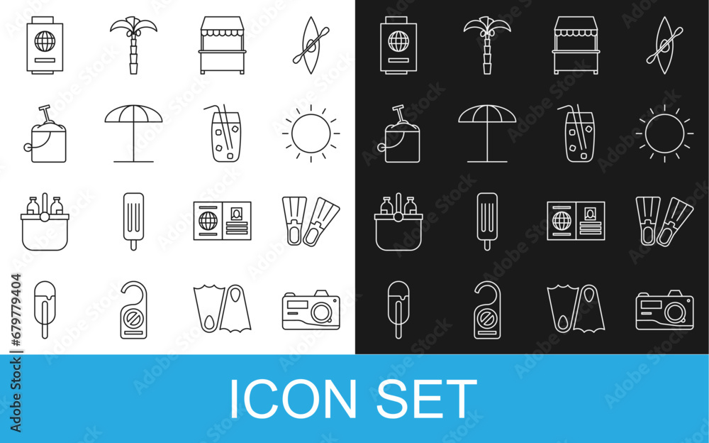 Set line Photo camera, Rubber flippers, Sun, Street stall with awning, protective umbrella for beach, Sand bucket shovel, Passport ticket and Cocktail alcohol drink icon. Vector