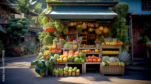 Traditional vegetable and fruit stall. Small shop in the village selling fruit and vegetables. Generative AI