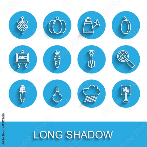 Set line Corn, Onion, Leaf leaves, Cloud with rain, Tree, Carrot, Magnifying glass leaf and Shovel icon. Vector