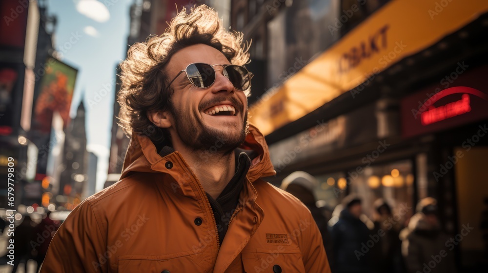 Smiling cheerful travel vlogger influencer streaming online lives to his followers during his journey travel in beautiful urban downtown travel destination travel ideas concept Smiling cheerful travel vlogger influencer streaming online lives to his followers during his journey travel in beautiful urban downtown travel destination travel ideas concept