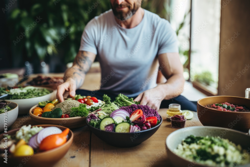 Post-holiday recovery activities - meditation and enjoying healthy meal Post-holiday recovery activities - meditation and enjoying healthy meal