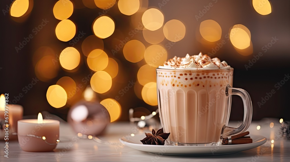a cup of hot chocolate with marshmallows on a saucer next to a lite - up christmas tree. a cup of hot chocolate with marshmallows on a saucer next to a lite - up christmas tree.