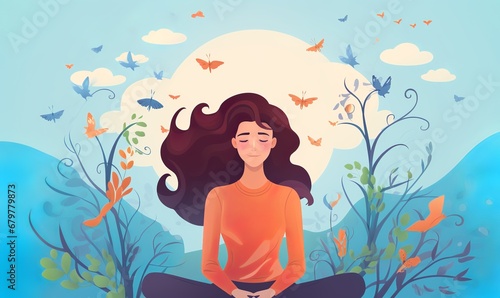  Silhouette of smiling woman, with managing her stress or depress, mental health concept. Flat vector illustration 