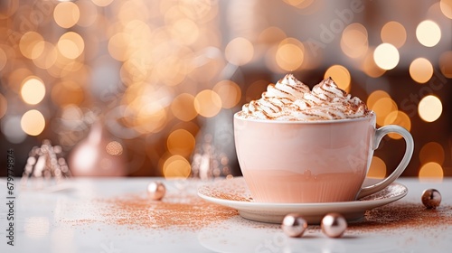  a cup of hot chocolate with whipped cream on a saucer on a table with a boke of lights in the background.