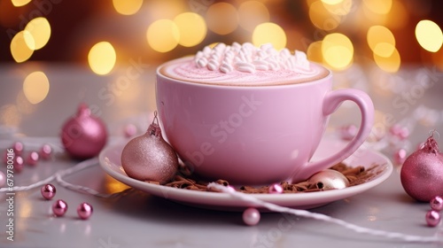  a close up of a cup of coffee on a saucer with ornaments around it and lights in the background.