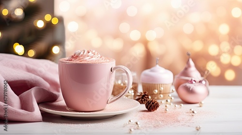  a cup of hot chocolate with whipped cream on a saucer next to a christmas tree with lights in the background.