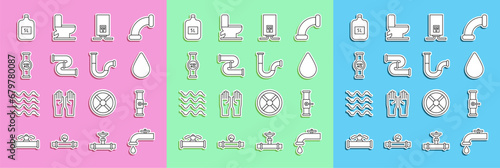 Set line Water tap, Industry pipe and valve, drop, Gas boiler with burning fire, metallic, meter, Big bottle clean water and icon. Vector