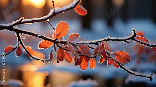  a close up of a tree branch with snow on it and a light shining in the back ground behind it.