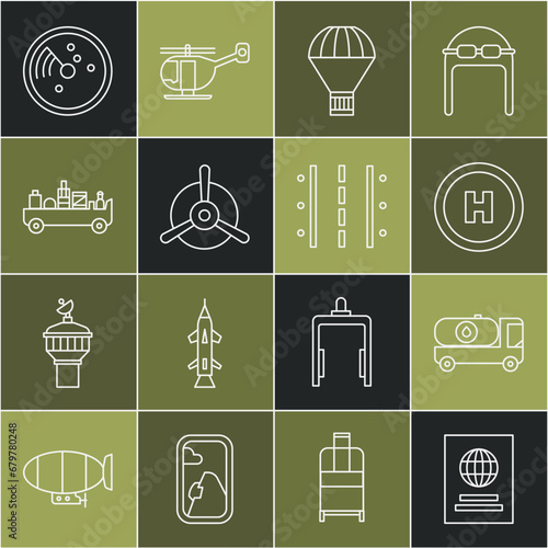 Set line Passport, Fuel tanker truck, Helicopter landing pad, Box flying on parachute, Plane propeller, Airport luggage towing, Radar with targets monitor and runway icon. Vector