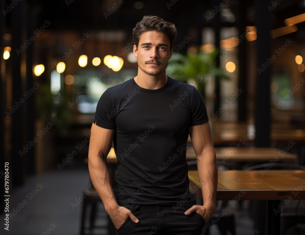 A Man Posing Confidently in Front of a Rustic Wooden Table A Man Posing Confidently in Front of a Rustic Wooden Table