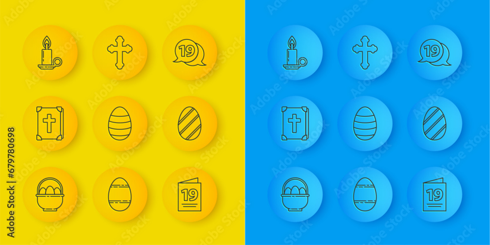 Set line Basket with easter eggs, Holy bible book, Easter, Greeting card Happy, Burning candle candlestick, Speech bubble happy and Christian cross icon. Vector Set line Basket with easter eggs, Holy bible book, Easter, Greeting card Happy, Burning candle candlestick, Speech bubble happy and Christian cross icon. Vector
