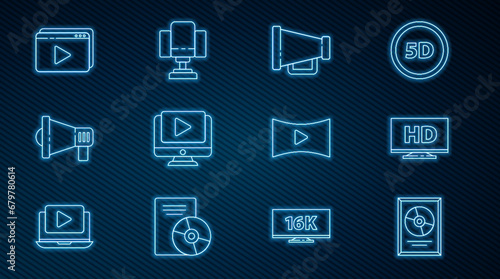 Set line CD disk award in frame, Smart display with HD video, Megaphone, Online, and Director movie chair icon. Vector