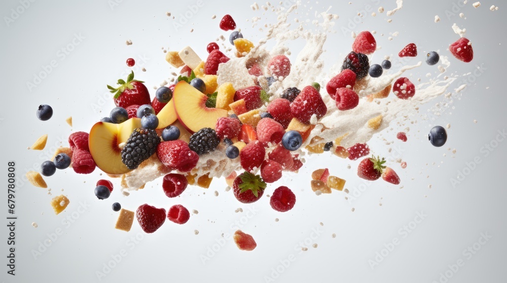 a mixture of fruit, cereal, milk, and yogurt falling into the air on a white background. a mixture of fruit, cereal, milk, and yogurt falling into the air on a white background.