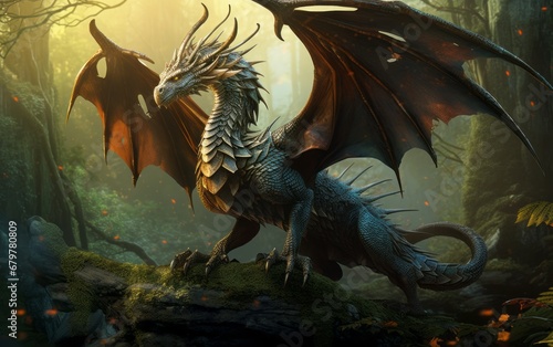 Majestic Dragon Perched in an Forest, Wings Spread with Might © Dina