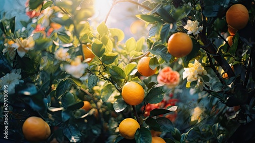  a tree filled with lots of oranges next to a forest filled with lots of green leaves and white flowers.