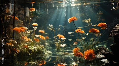  a fish tank filled with lots of water and lots of orange flowers on the bottom of the tank, with sunlight streaming through the water.