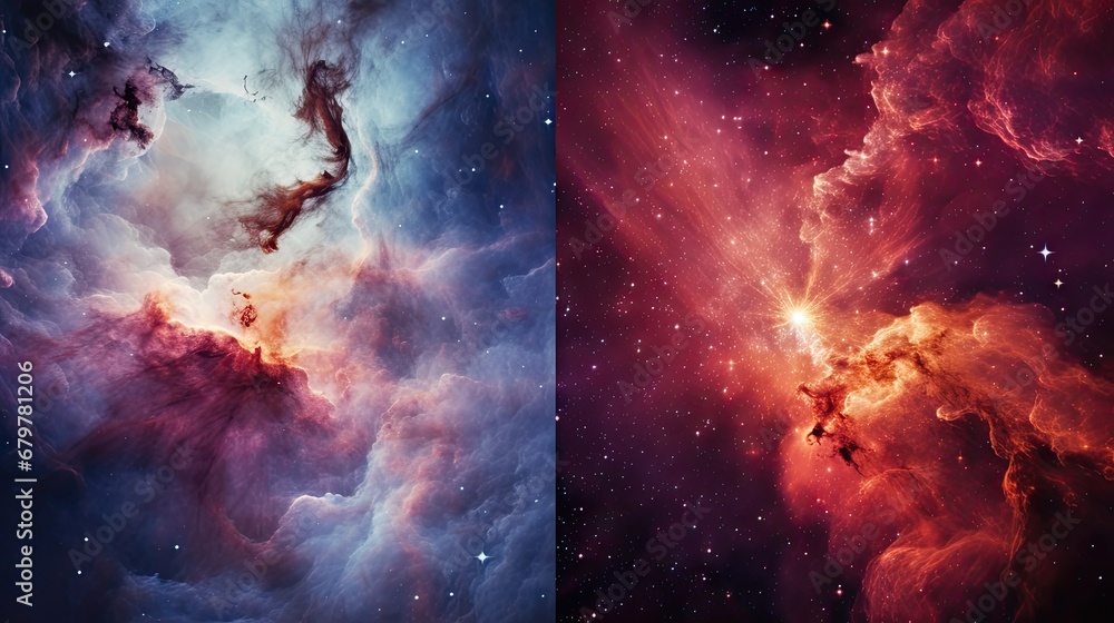 two views of a star forming region in the sky, one of which appears to be a star forming region, and the other of which appears to be a star forming region. two views of a star forming region in the sky, one of which appears to be a star forming region, and the other of which appears to be a star forming region.