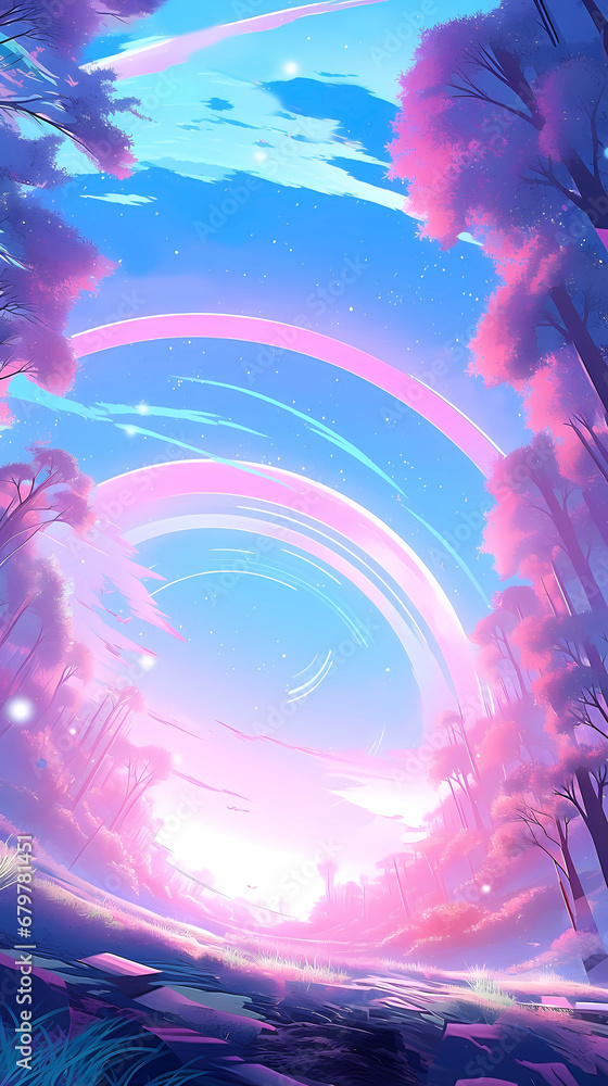 Hand drawn anime beautiful fantasy landscape illustration background
