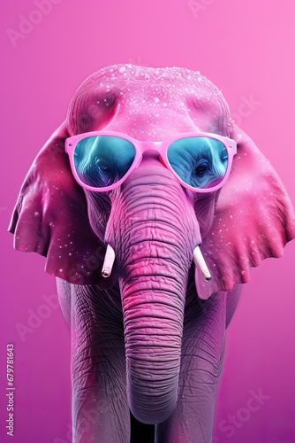 Photo of a Pink Painted Elephant Clumsy Looking in a Simple Pink Room with some Short Tusks Wearing Some Funny Sunglasses.