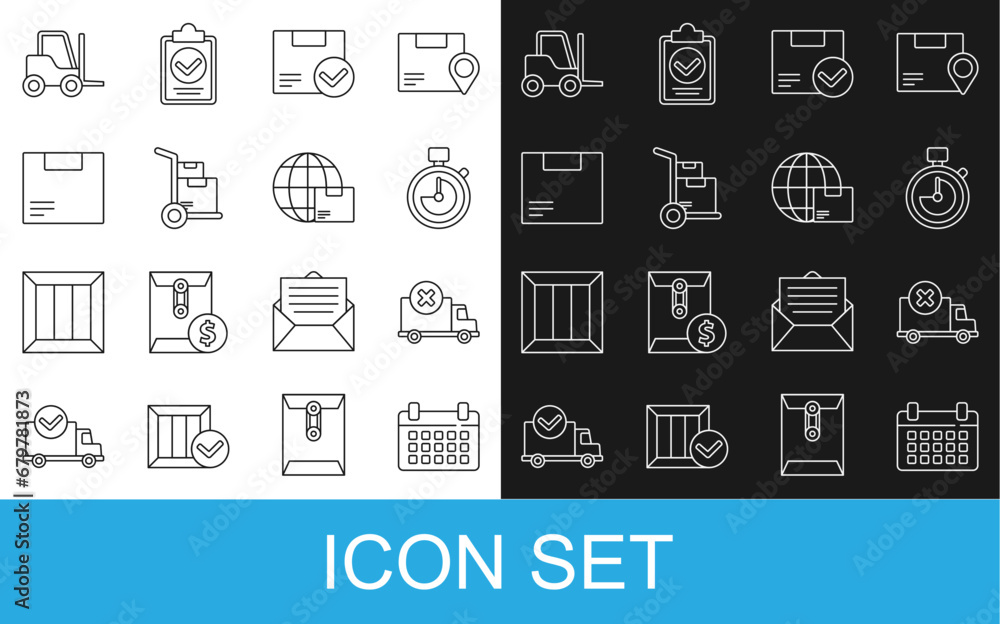 Set line Calendar, Delivery cargo truck vehicle, Stopwatch, Package box with check mark, Hand and boxes, Carton cardboard, Forklift and Worldwide shipping icon. Vector Set line Calendar, Delivery cargo truck vehicle, Stopwatch, Package box with check mark, Hand and boxes, Carton cardboard, Forklift and Worldwide shipping icon. Vector
