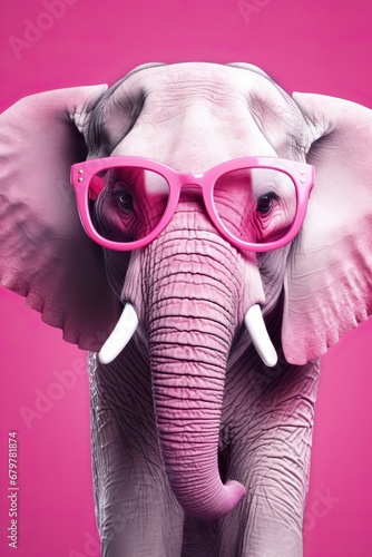 Photo of a Pink Painted Elephant Clumsy Looking in a Simple Pink Room with some Short Tusks Wearing Some Funny Sunglasses.