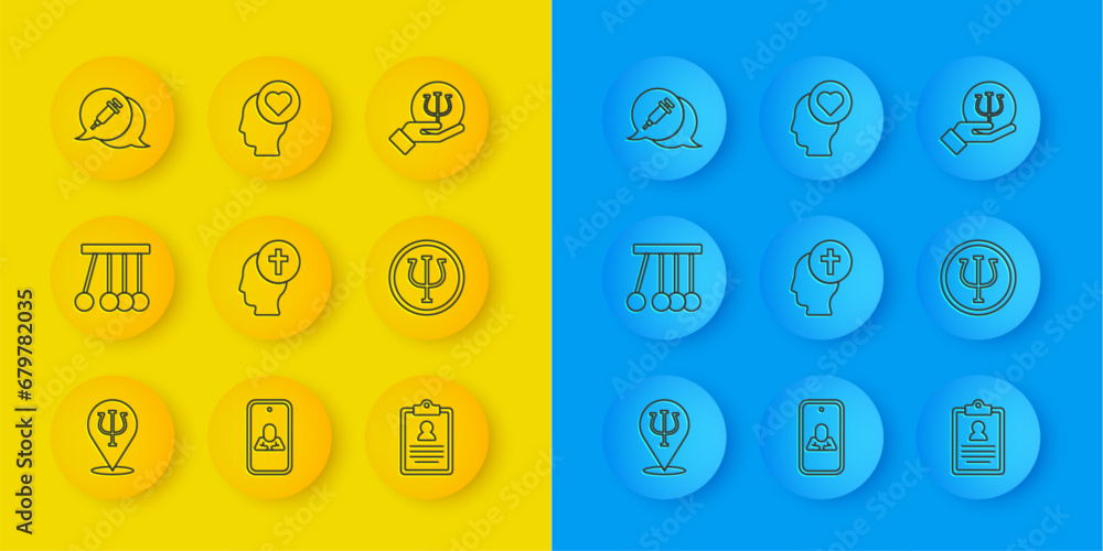 Set line Psychology, Psi, Pendulum, Man graves funeral sorrow, Medical clipboard, Addiction to the drug, and Broken heart divorce icon. Vector Set line Psychology, Psi, Pendulum, Man graves funeral sorrow, Medical clipboard, Addiction to the drug, and Broken heart divorce icon. Vector