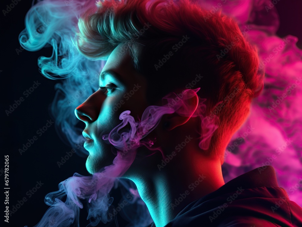 Professional Close up of a Blonde Guy Silhouette Smoking in a Simple Black Room with LED Illuminating the Floating Smoke with Pink, Purple and Blue.