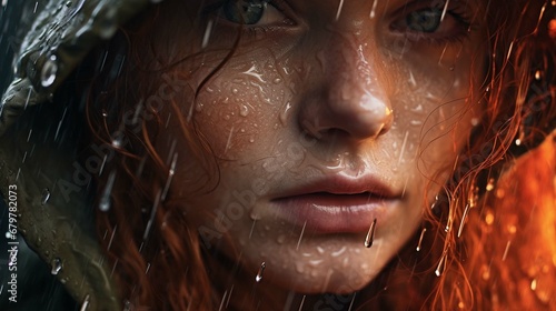 a close-up view of a woman in the rain. create using a generative ai tool 
