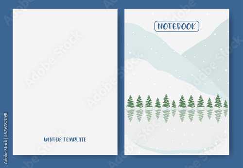 School notebook cover template winter forest design. Personal organizer.