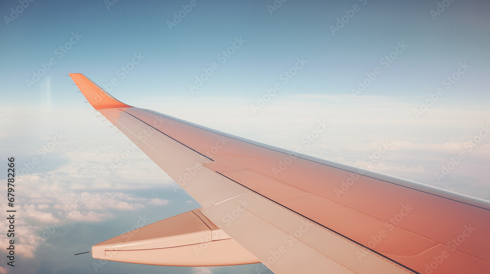 Obraz premium Airplane wing, scenic view from the window. Higher than clouds. Beautiful cloud, blue sky. Traveling by plane, adventure. Flight over world. Air transport. Aviation. Holiday, vacation. Generated AI