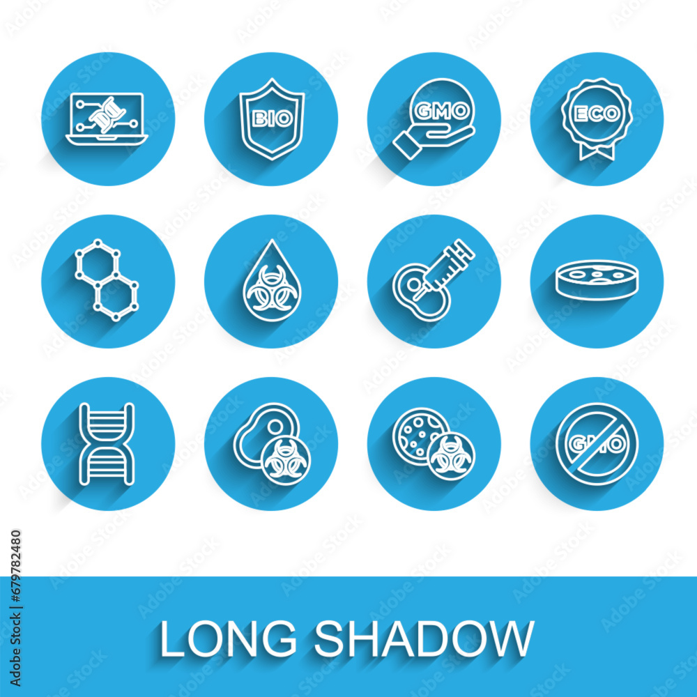 Set line DNA symbol, Genetically modified meat, engineering modification, GMO, No, Petri dish with bacteria and icon. Vector Set line DNA symbol, Genetically modified meat, engineering modification, GMO, No, Petri dish with bacteria and icon. Vector