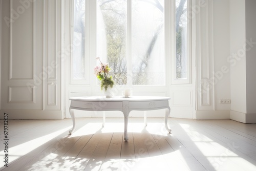 home interior design showflat mockup room homeinterior design closeup white round table with white decorative element living room with light shade from window house beautiful background