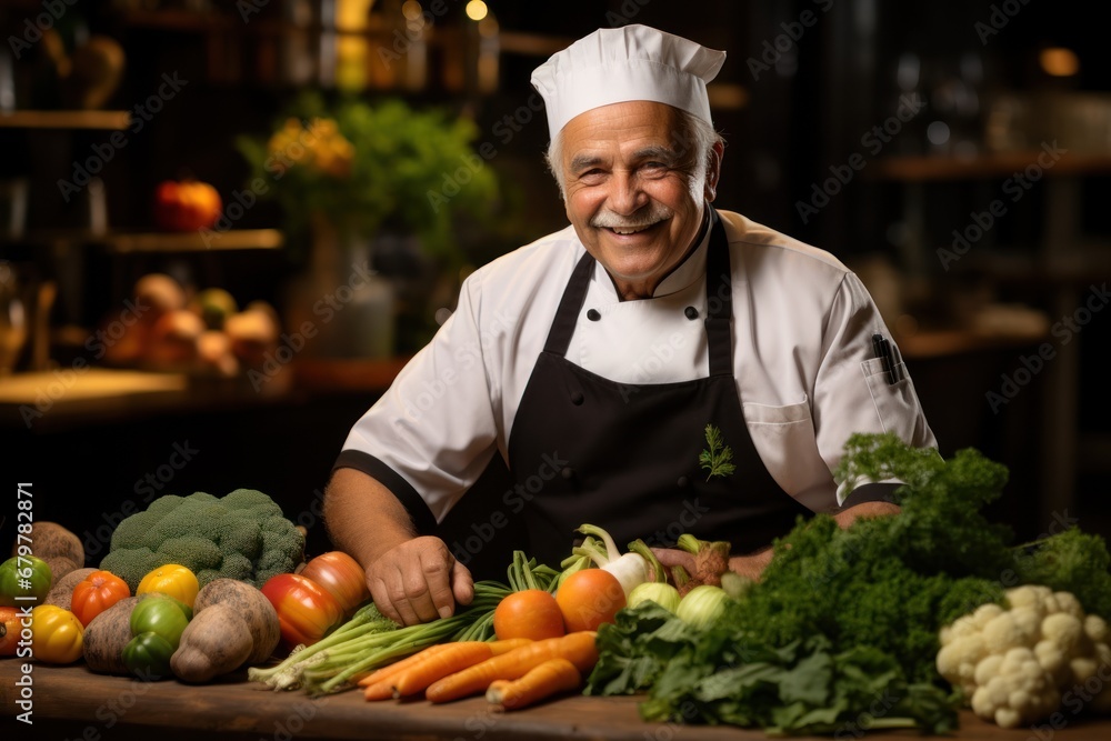 Male Chef Posing with Fresh Green Vegetables in a Restaurant Male Chef Posing with Fresh Green Vegetables in a Restaurant