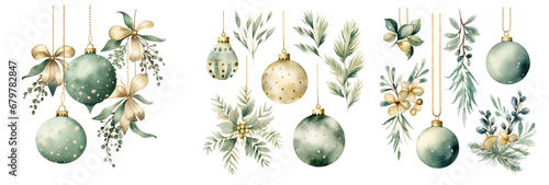 PNG Watercolour design elements of green Christmas tree balls, leaves, conifer branches for Christmas cards, invitation cards, greetings, wallpaper, fashion, botanical illustration collection.