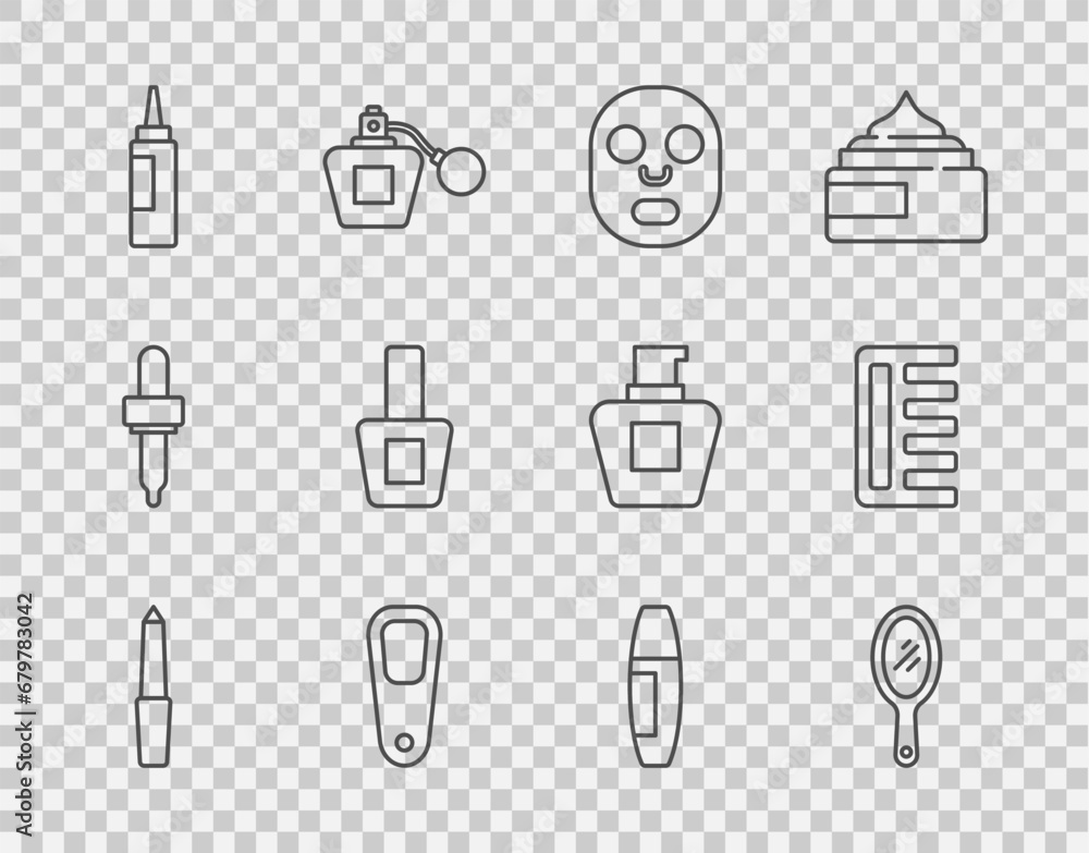 Set line Nail file, Hand mirror, Facial cosmetic mask, Pumice for feet, Cream lotion tube, polish bottle, Mascara brush and Hairbrush icon. Vector Set line Nail file, Hand mirror, Facial cosmetic mask, Pumice for feet, Cream lotion tube, polish bottle, Mascara brush and Hairbrush icon. Vector