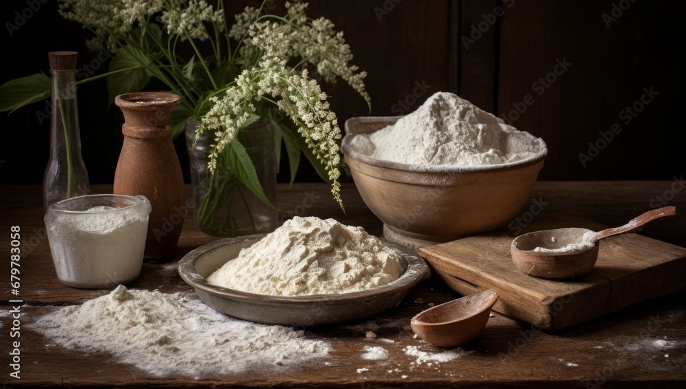 A Rustic Wooden Table with Artfully Arranged Bowls of Flour A Rustic Wooden Table with Artfully Arranged Bowls of Flour