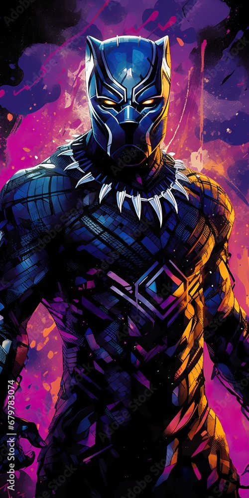 A Male Model Wearing a Black Panther Latix Costume watching the objective Impassive Intimidating the Viewer with a Necklace made of Teeth on a simple Colorful Background.