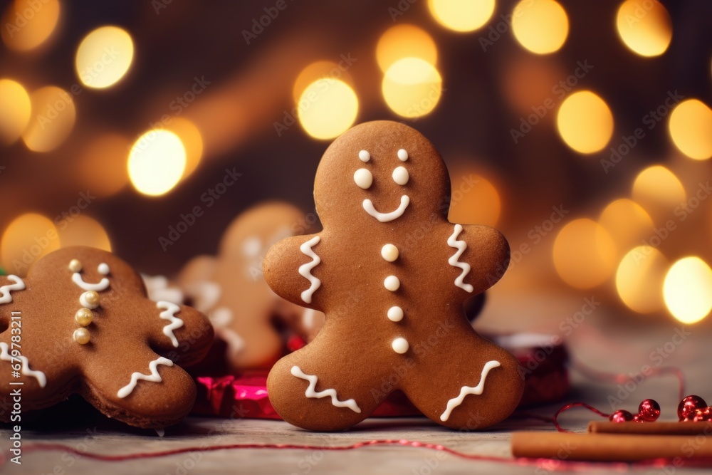 Cookies in the form of gingerbread men on the background of Christmas lights bokeh